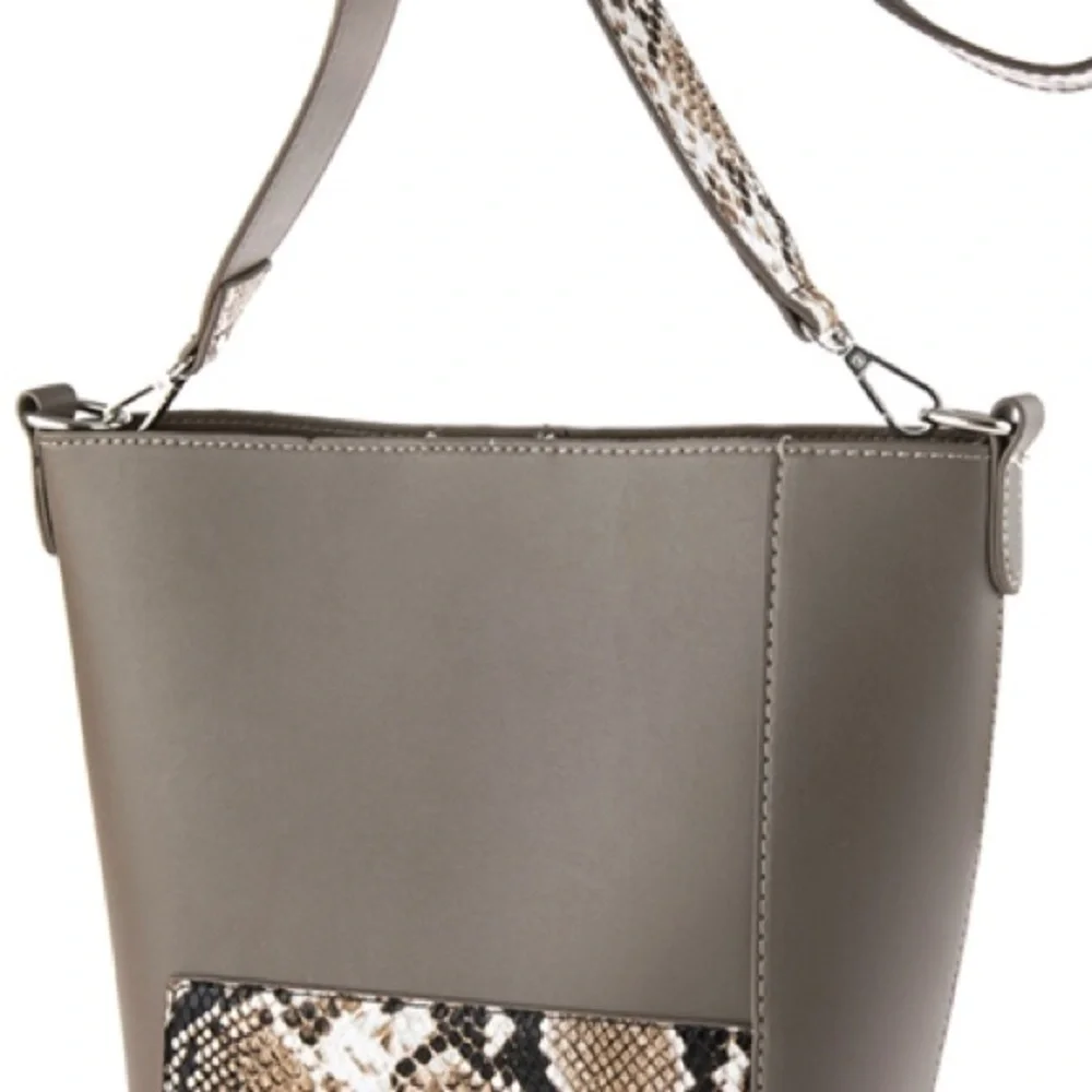 TAUPE LEATHER SHOULDER BAG SNAKESKIN PRINT STRAP